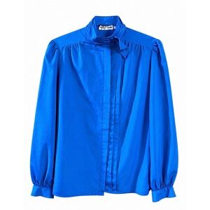 VTG Lady Manhattan‎ Cobalt Blue Secretary Blouse Women's Size 10 Made in Taiwan